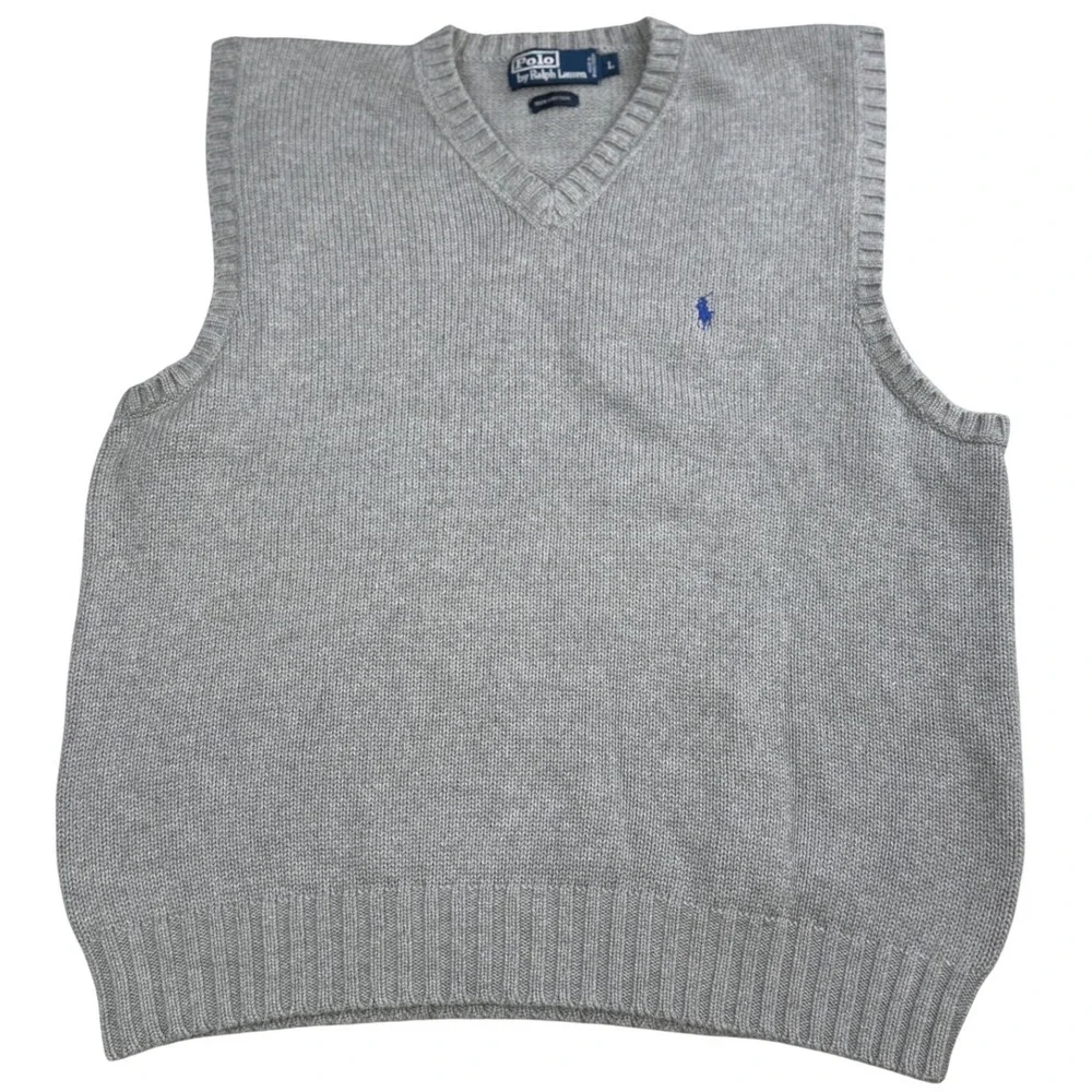 Polo‎ Ralph Lauren Sweater Vest Large Gray V Neck Cotton Blue Pony